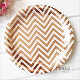 6x 9"/23cm Rose Gold Foil Disposable Party White Stripe Plates